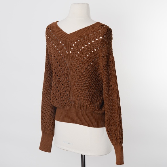 NEW Express Open Stitch Double V-Neck Dolman Sleeve Brown Sweater - Picture 2 of 7